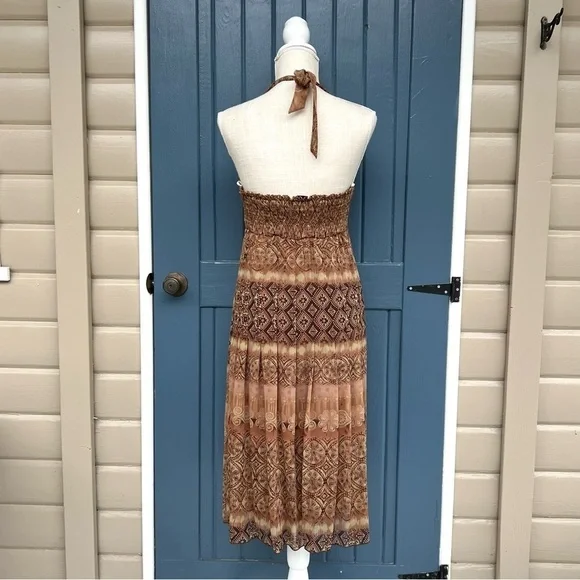 Vintage Halter Dress Boho Fall Earth-tone Women 
Size 4 Elegant Brown Patterned - Picture 3 of 6